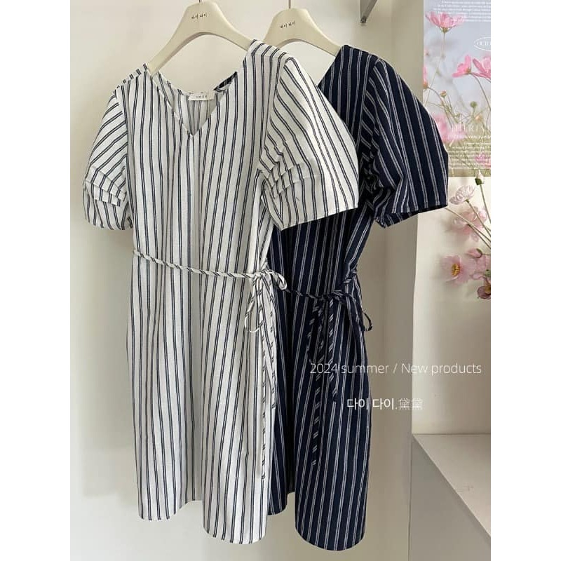 ☆現貨☆韓系V領條紋系帶連衣裙-細節圖4