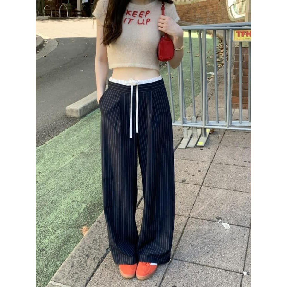 ☆現貨☆韓系chic撞色抽繩系帶條紋闊腿褲-細節圖4