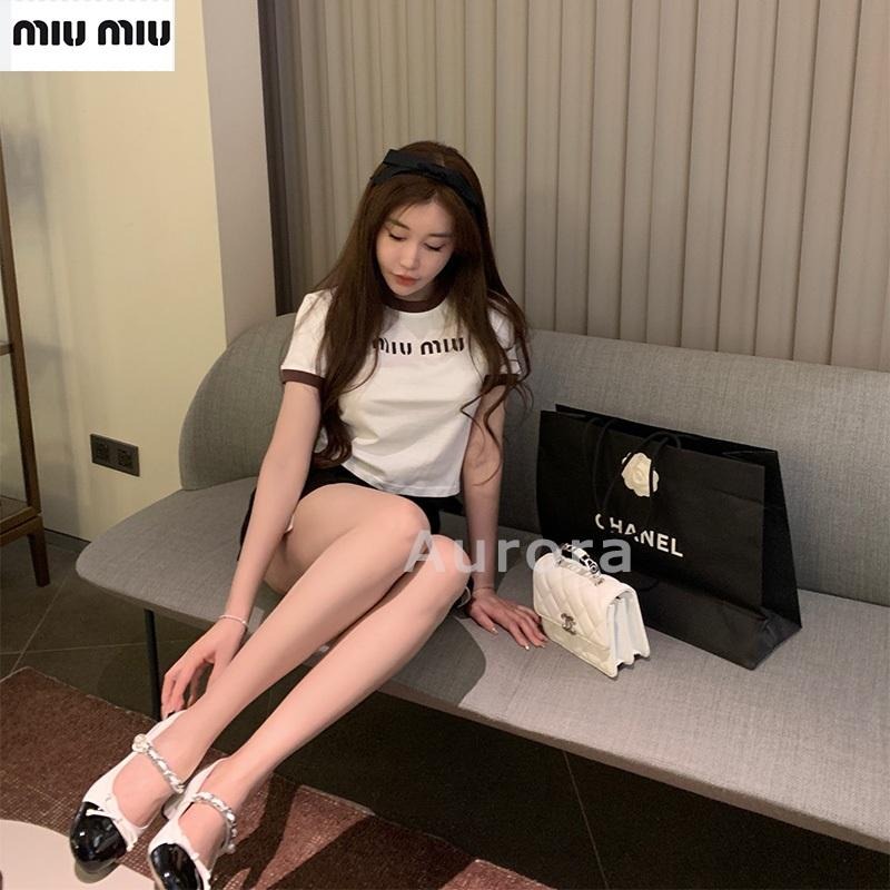 💕Aurora 美國代購💕 MiuMiu 新款 字母 印花 短袖T恤 女 設計感 小眾 短款 上衣-細節圖2