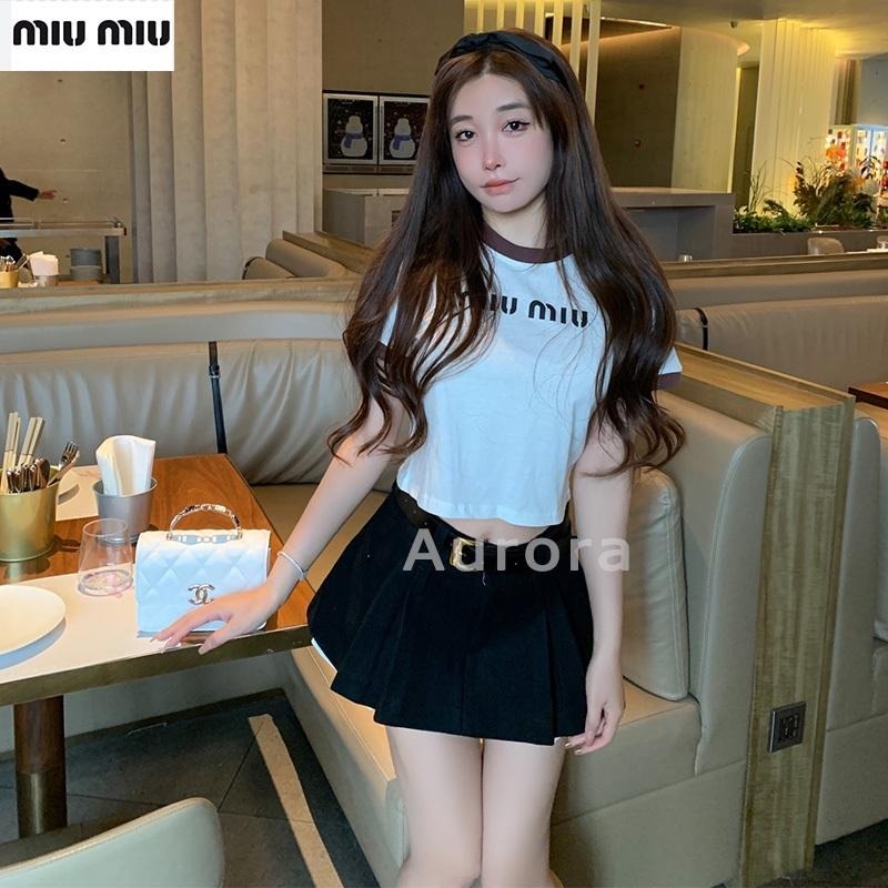 💕Aurora 美國代購💕 MiuMiu 新款 字母 印花 短袖T恤 女 設計感 小眾 短款 上衣-細節圖3