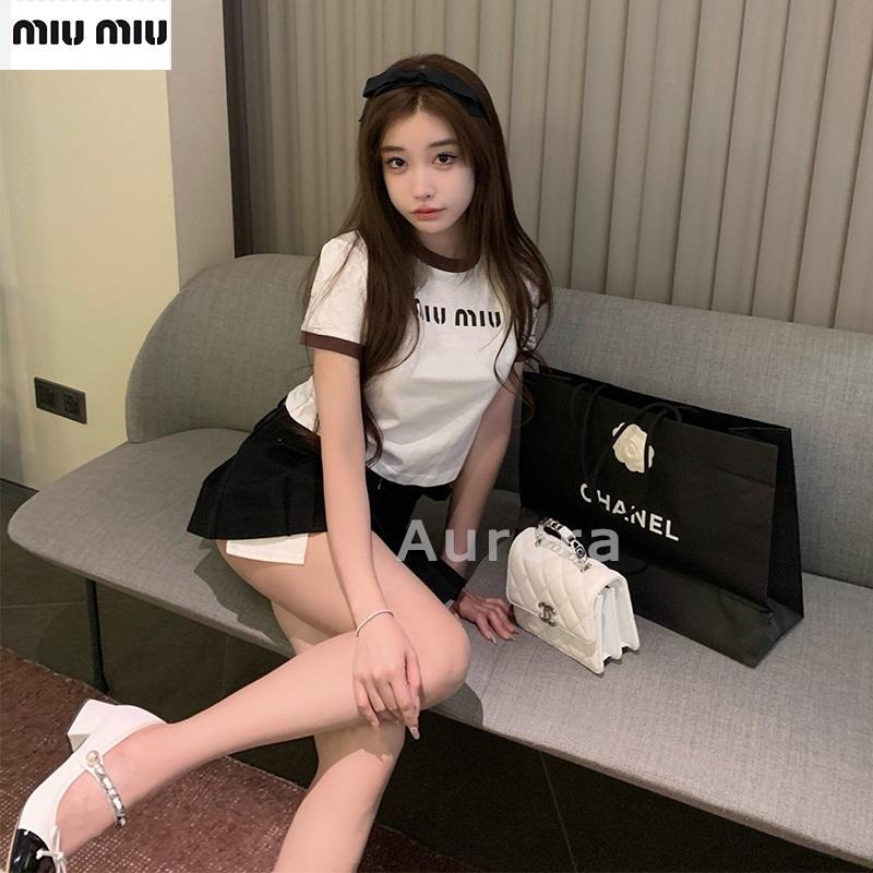 💕Aurora 美國代購💕 MiuMiu 新款 字母 印花 短袖T恤 女 設計感 小眾 短款 上衣-細節圖4