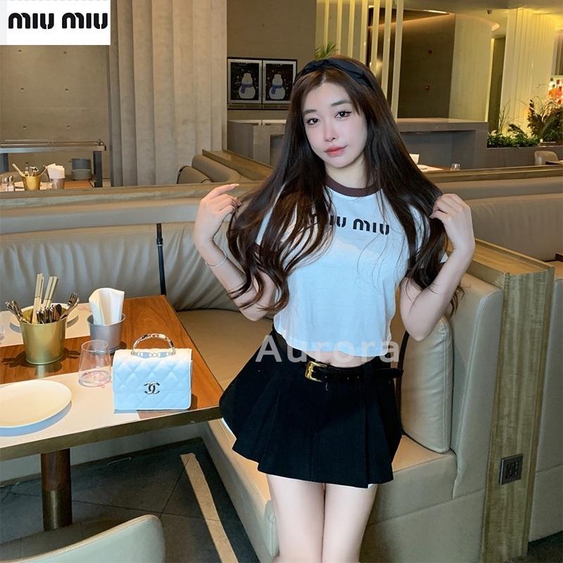 💕Aurora 美國代購💕 MiuMiu 新款 字母 印花 短袖T恤 女 設計感 小眾 短款 上衣-細節圖7