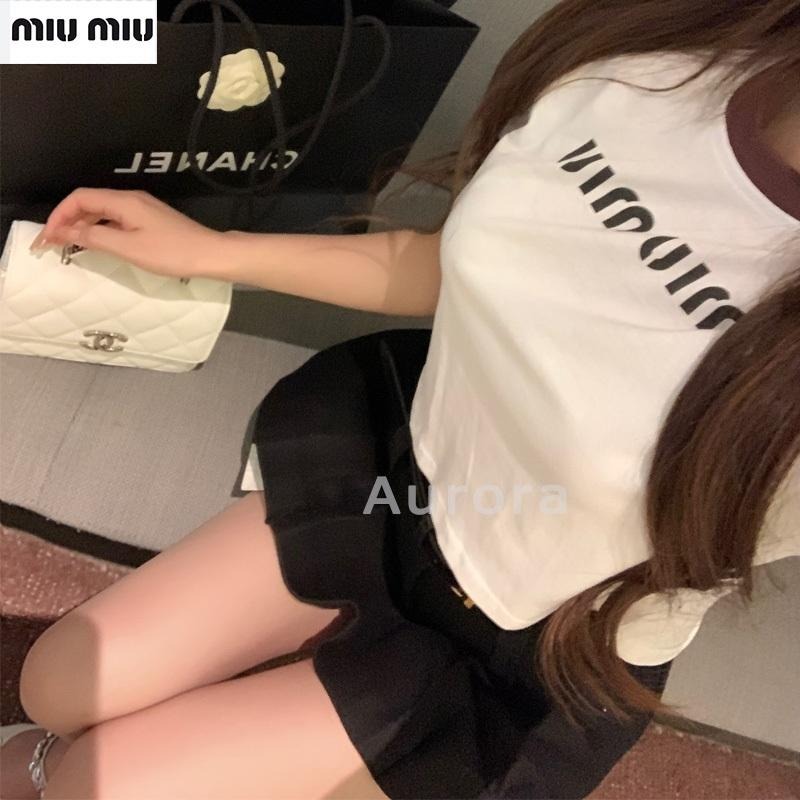💕Aurora 美國代購💕 MiuMiu 新款 字母 印花 短袖T恤 女 設計感 小眾 短款 上衣-細節圖9