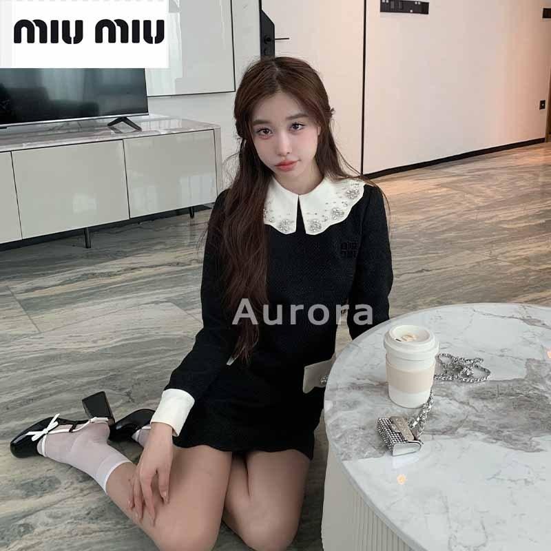 💕Aurora 美國代購💕 MIU MIU 春季 新款 娃娃 領減齡氣質 拼接 休閒 長袖 連衣裙-細節圖2