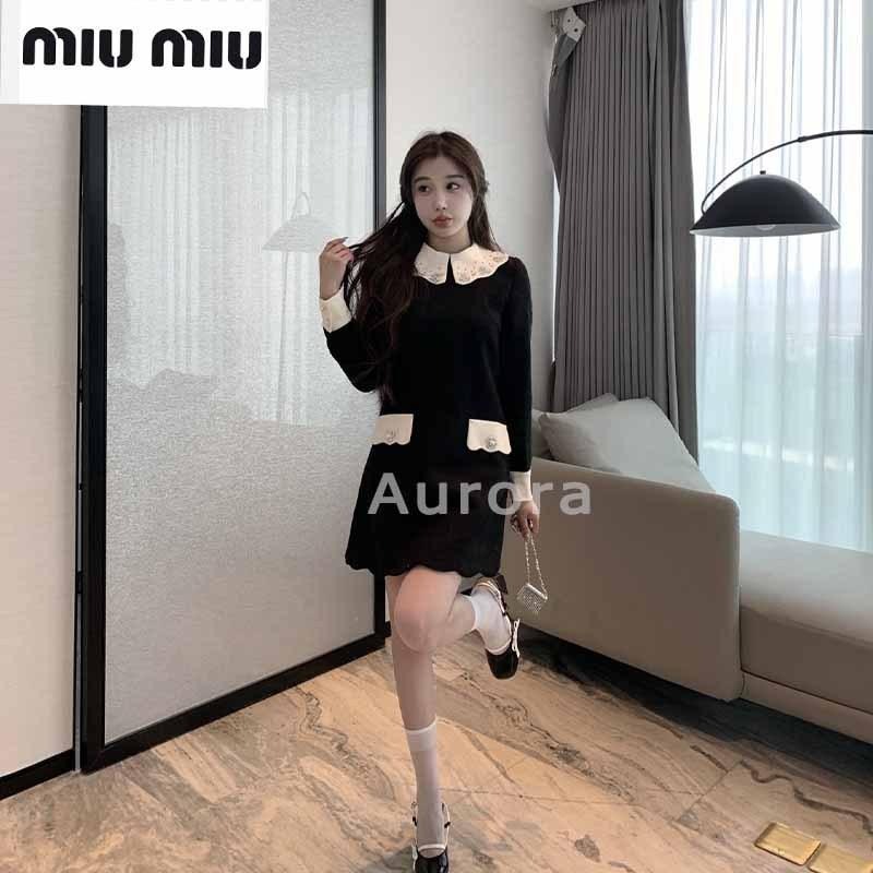 💕Aurora 美國代購💕 MIU MIU 春季 新款 娃娃 領減齡氣質 拼接 休閒 長袖 連衣裙-細節圖3