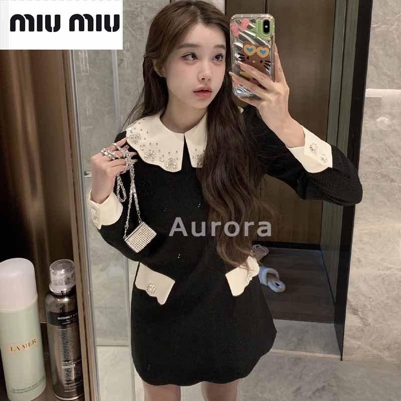 💕Aurora 美國代購💕 MIU MIU 春季 新款 娃娃 領減齡氣質 拼接 休閒 長袖 連衣裙-細節圖4