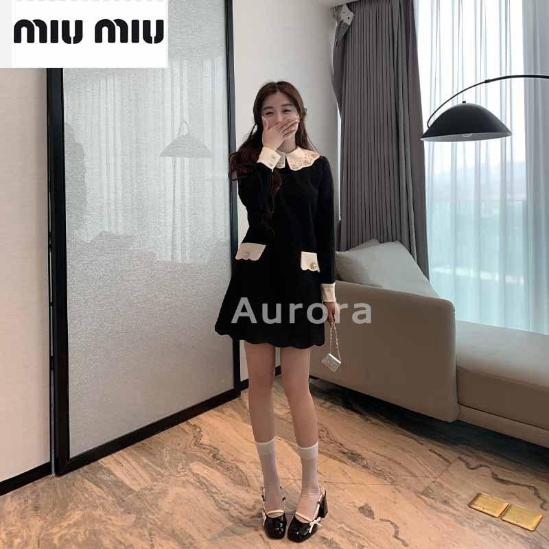 💕Aurora 美國代購💕 MIU MIU 春季 新款 娃娃 領減齡氣質 拼接 休閒 長袖 連衣裙-細節圖6
