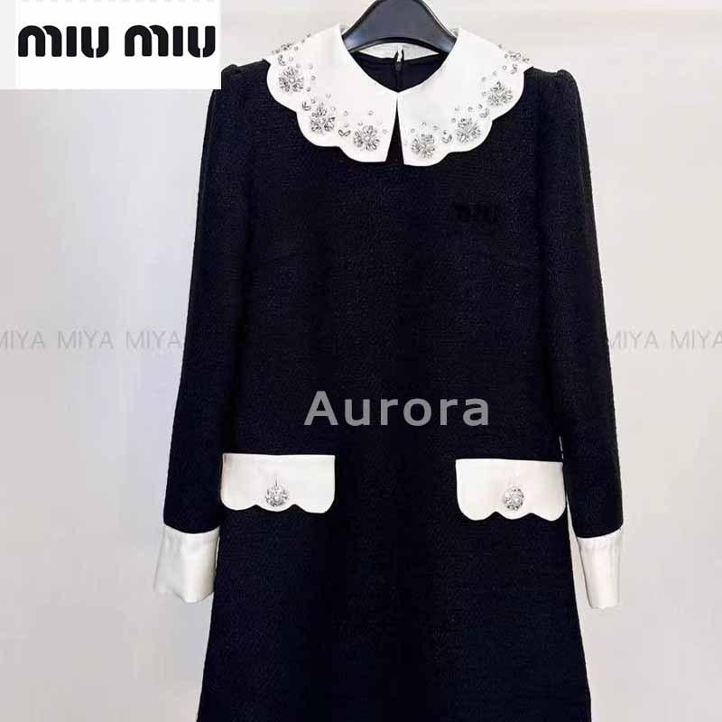 💕Aurora 美國代購💕 MIU MIU 春季 新款 娃娃 領減齡氣質 拼接 休閒 長袖 連衣裙-細節圖7