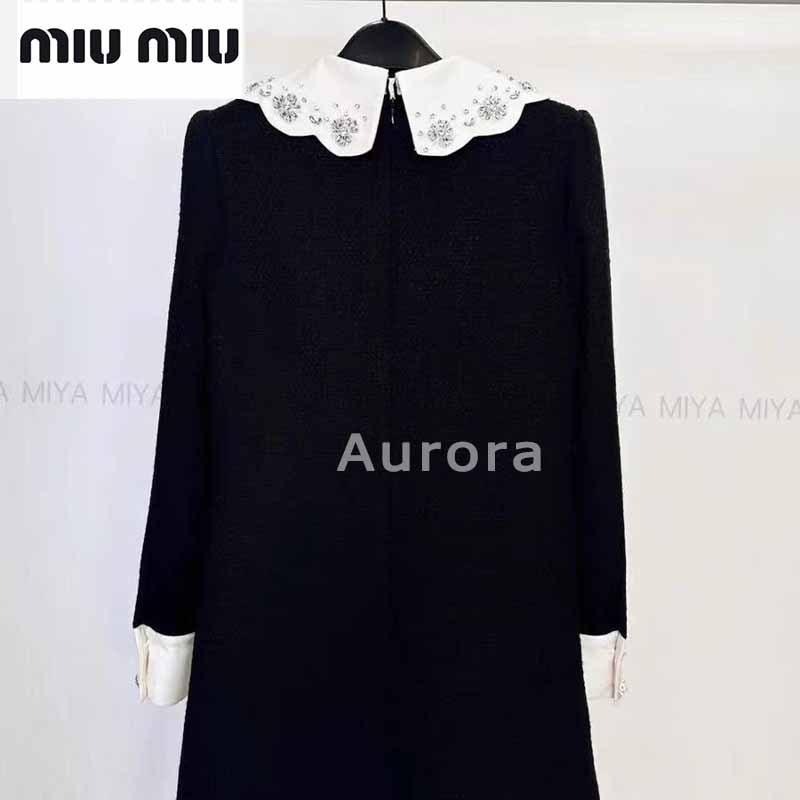 💕Aurora 美國代購💕 MIU MIU 春季 新款 娃娃 領減齡氣質 拼接 休閒 長袖 連衣裙-細節圖8