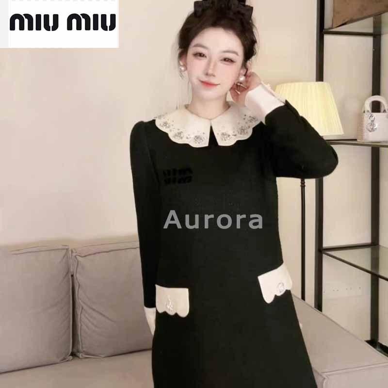 💕Aurora 美國代購💕 MIU MIU 春季 新款 娃娃 領減齡氣質 拼接 休閒 長袖 連衣裙-細節圖9