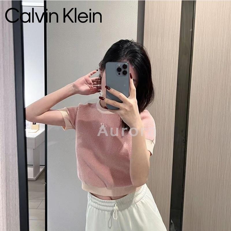💕Aurora 美國代購💕 Calvin Klein 新款 提花字母 粉色短袖 針織衫 修身 顯瘦 短款 女上衣-細節圖2