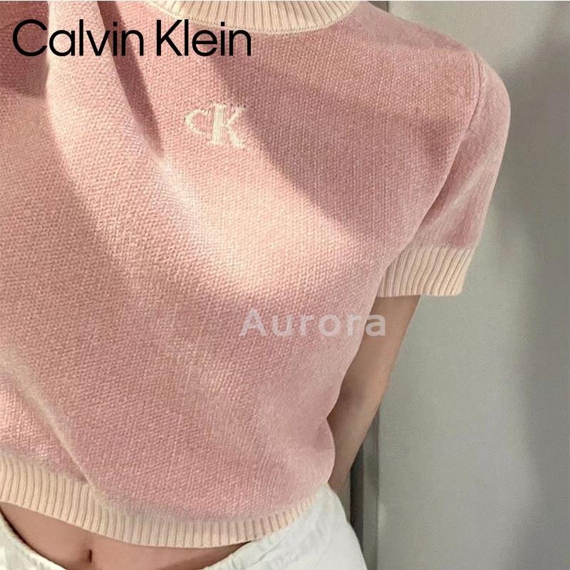 💕Aurora 美國代購💕 Calvin Klein 新款 提花字母 粉色短袖 針織衫 修身 顯瘦 短款 女上衣-細節圖3