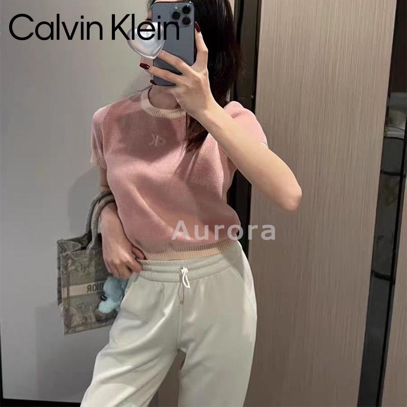 💕Aurora 美國代購💕 Calvin Klein 新款 提花字母 粉色短袖 針織衫 修身 顯瘦 短款 女上衣-細節圖4