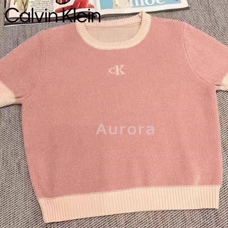 💕Aurora 美國代購💕 Calvin Klein 新款 提花字母 粉色短袖 針織衫 修身 顯瘦 短款 女上衣-細節圖6