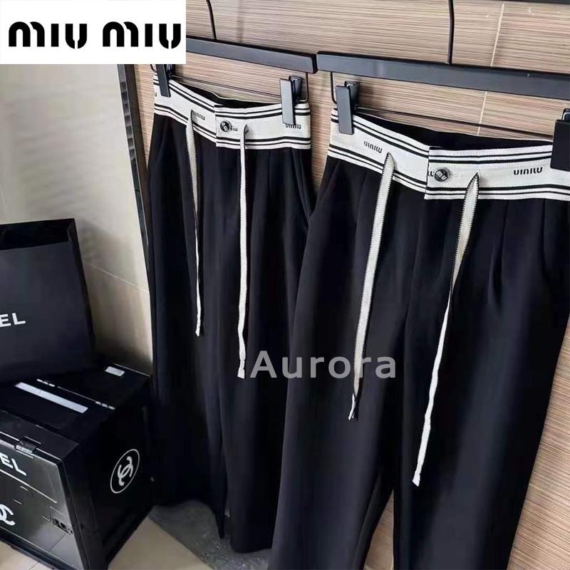 💕Aurora 美國代購💕 MiuMiu 繆繆M字母滿logo提花 定制織帶 腰頭休閒長褲 闊褲褲 黑色-細節圖2