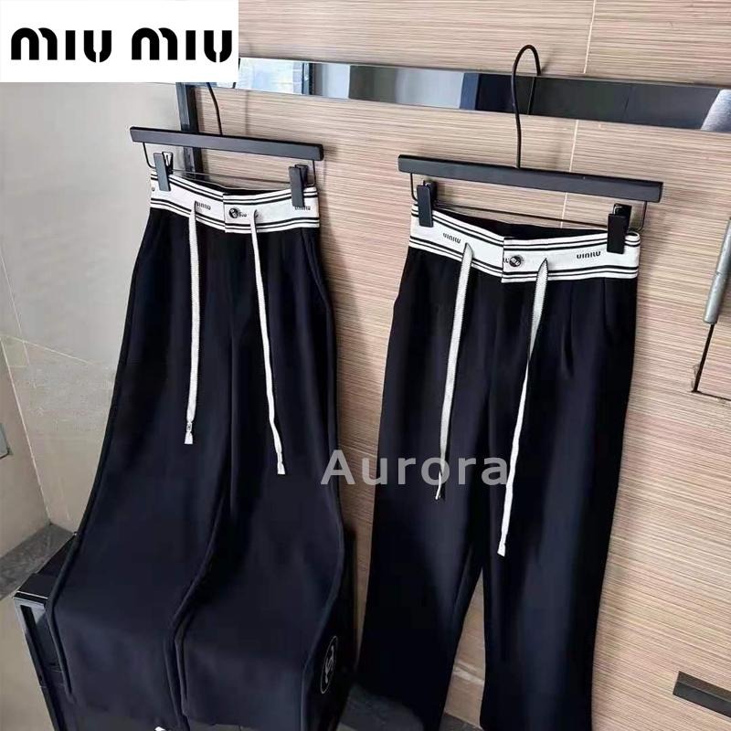 💕Aurora 美國代購💕 MiuMiu 繆繆M字母滿logo提花 定制織帶 腰頭休閒長褲 闊褲褲 黑色-細節圖3