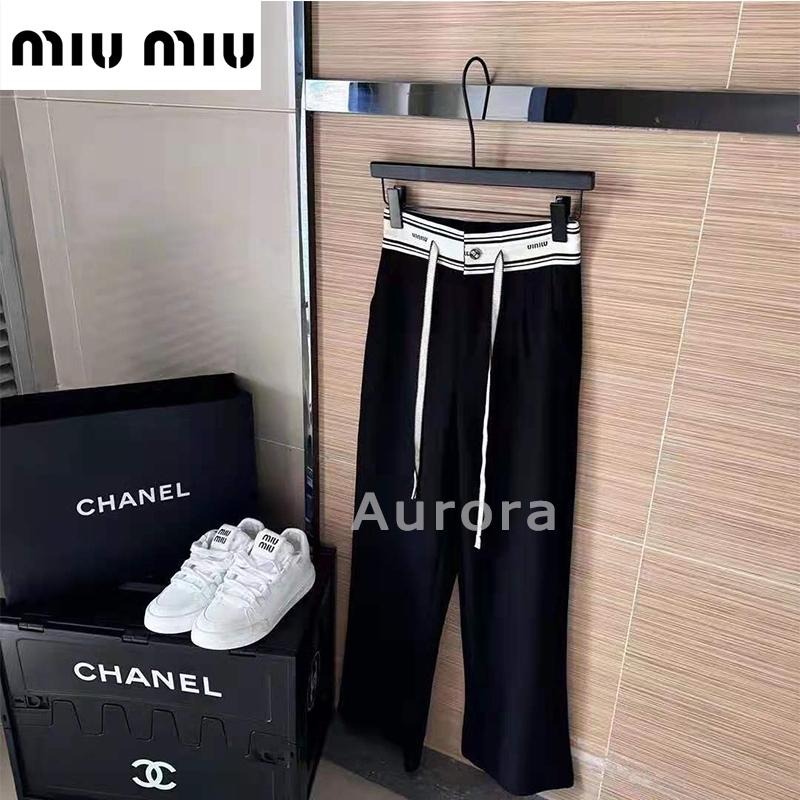 💕Aurora 美國代購💕 MiuMiu 繆繆M字母滿logo提花 定制織帶 腰頭休閒長褲 闊褲褲 黑色-細節圖4