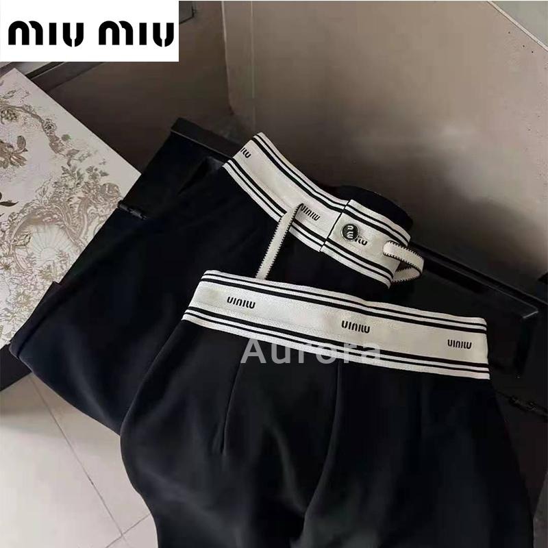 💕Aurora 美國代購💕 MiuMiu 繆繆M字母滿logo提花 定制織帶 腰頭休閒長褲 闊褲褲 黑色-細節圖5