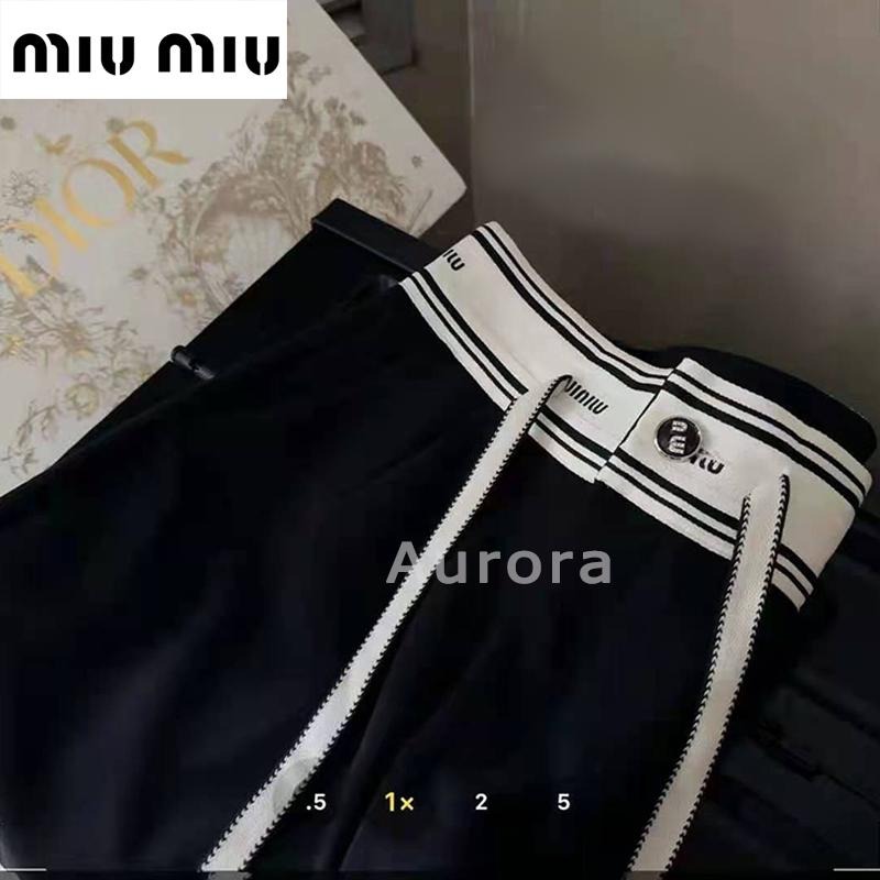 💕Aurora 美國代購💕 MiuMiu 繆繆M字母滿logo提花 定制織帶 腰頭休閒長褲 闊褲褲 黑色-細節圖6