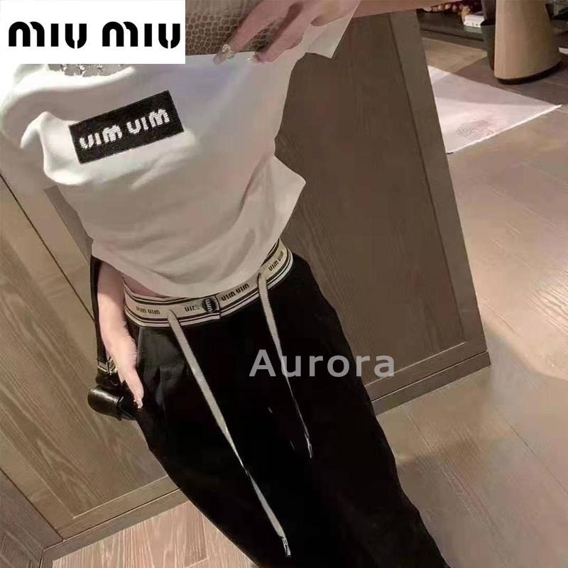 💕Aurora 美國代購💕 MiuMiu 繆繆M字母滿logo提花 定制織帶 腰頭休閒長褲 闊褲褲 黑色-細節圖7