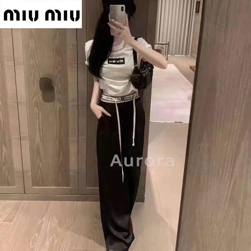 💕Aurora 美國代購💕 MiuMiu 繆繆M字母滿logo提花 定制織帶 腰頭休閒長褲 闊褲褲 黑色-細節圖8