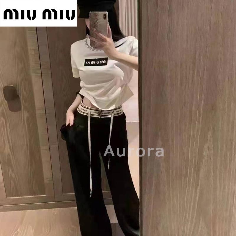 💕Aurora 美國代購💕 MiuMiu 繆繆M字母滿logo提花 定制織帶 腰頭休閒長褲 闊褲褲 黑色-細節圖9