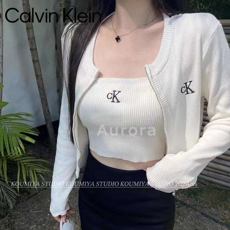 💕Aurora 美國代購💕 Calvin Klein jeans CK經典字母logo刺繡針織 吊帶背心 拉鏈開衫兩件套-細節圖2