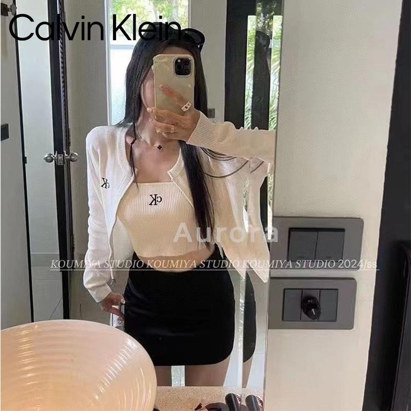 💕Aurora 美國代購💕 Calvin Klein jeans CK經典字母logo刺繡針織 吊帶背心 拉鏈開衫兩件套-細節圖3