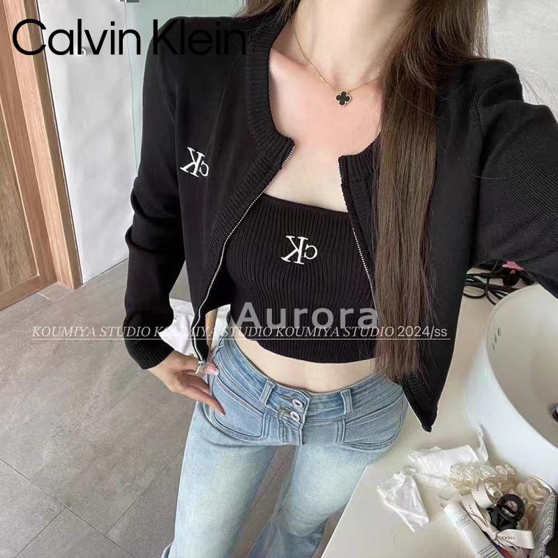 💕Aurora 美國代購💕 Calvin Klein jeans CK經典字母logo刺繡針織 吊帶背心 拉鏈開衫兩件套-細節圖4