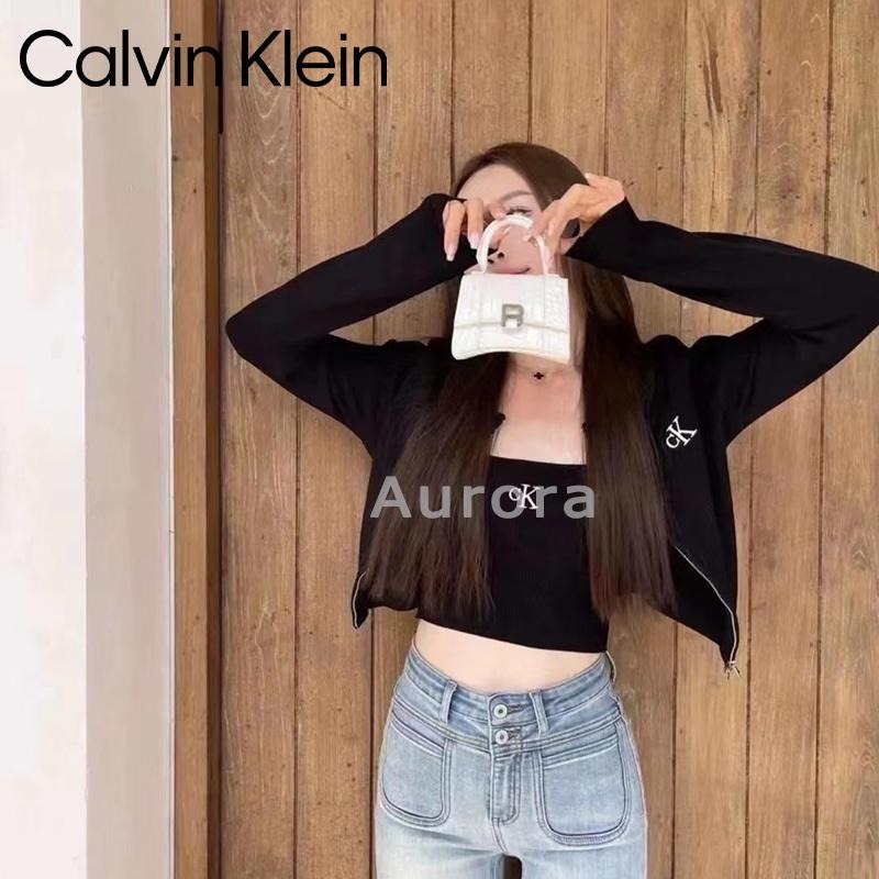 💕Aurora 美國代購💕 Calvin Klein jeans CK經典字母logo刺繡針織 吊帶背心 拉鏈開衫兩件套-細節圖5