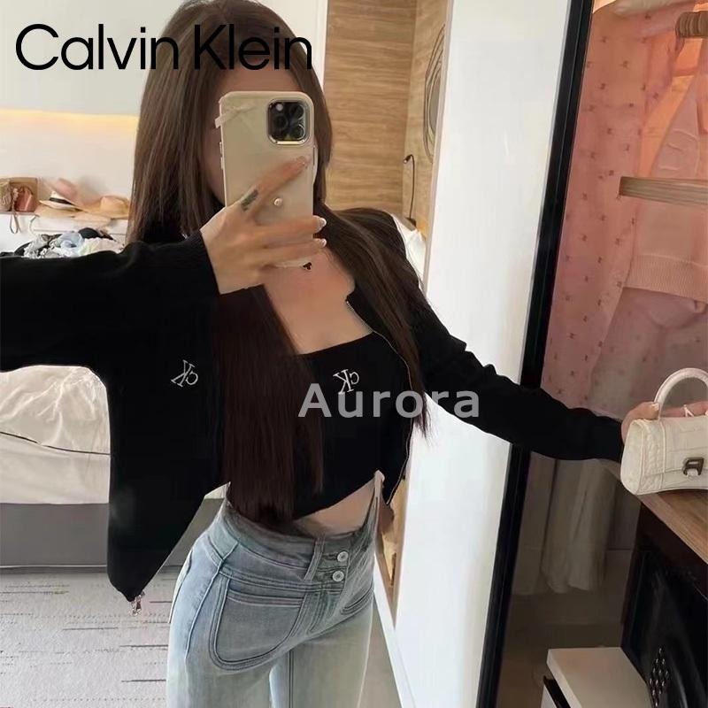 💕Aurora 美國代購💕 Calvin Klein jeans CK經典字母logo刺繡針織 吊帶背心 拉鏈開衫兩件套-細節圖6
