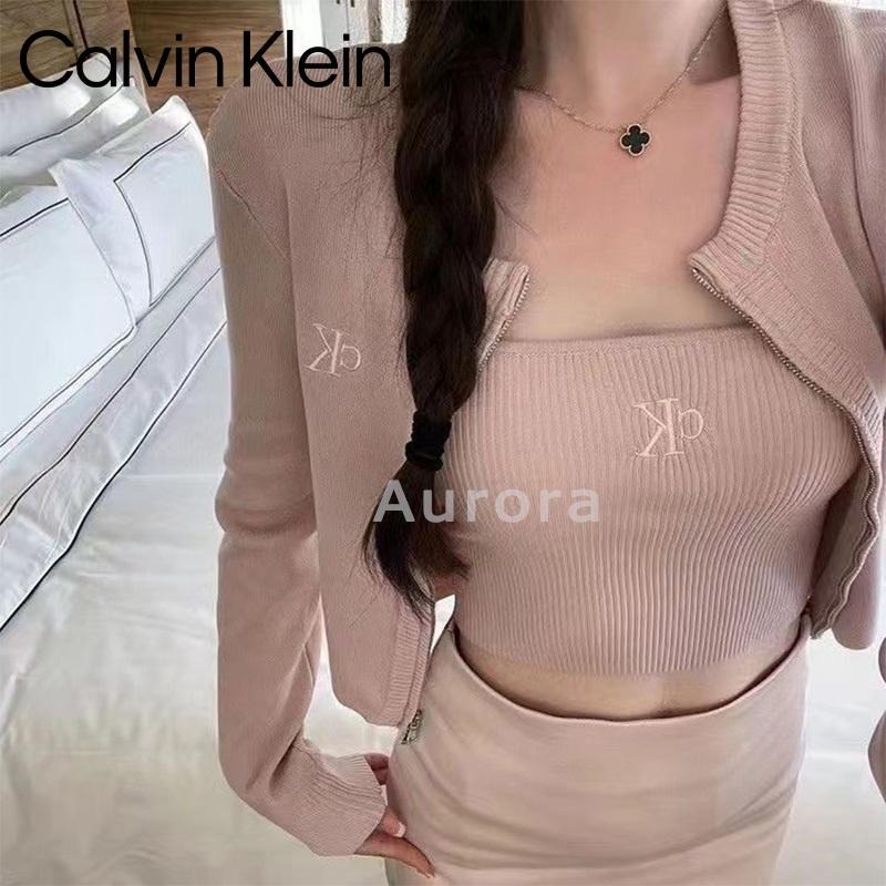 💕Aurora 美國代購💕 Calvin Klein jeans CK經典字母logo刺繡針織 吊帶背心 拉鏈開衫兩件套-細節圖7