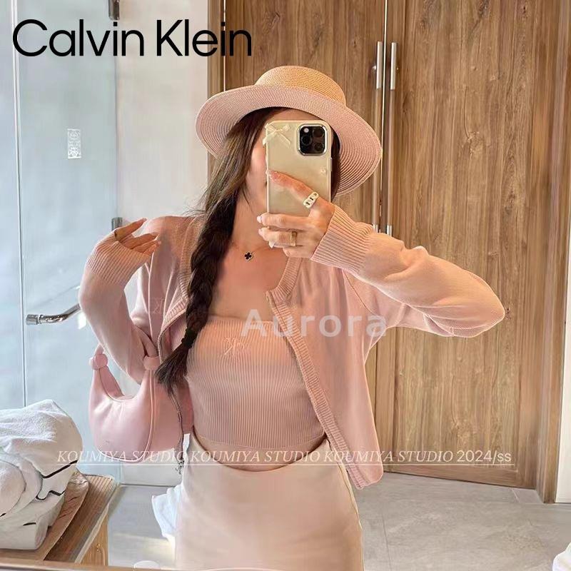 💕Aurora 美國代購💕 Calvin Klein jeans CK經典字母logo刺繡針織 吊帶背心 拉鏈開衫兩件套-細節圖8