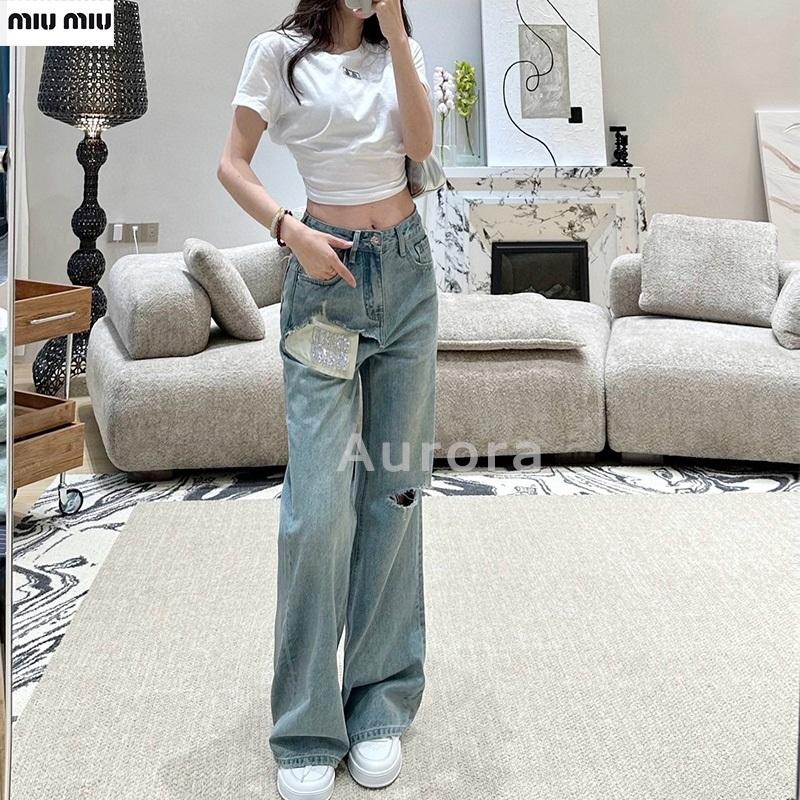 💕Aurora 美國代購💕 MiuMiu 經典 破洞 撞色 燙鉆 假兩件設計 高腰 顯瘦 牛仔 直筒 長褲 闊腿褲-細節圖6