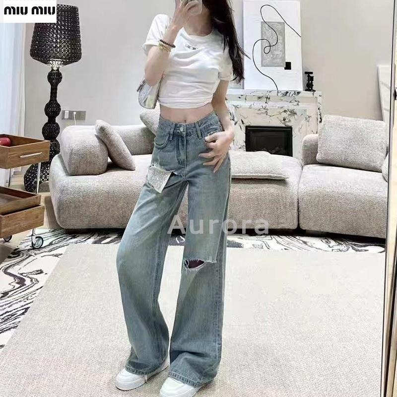 💕Aurora 美國代購💕 MiuMiu 經典 破洞 撞色 燙鉆 假兩件設計 高腰 顯瘦 牛仔 直筒 長褲 闊腿褲-細節圖7