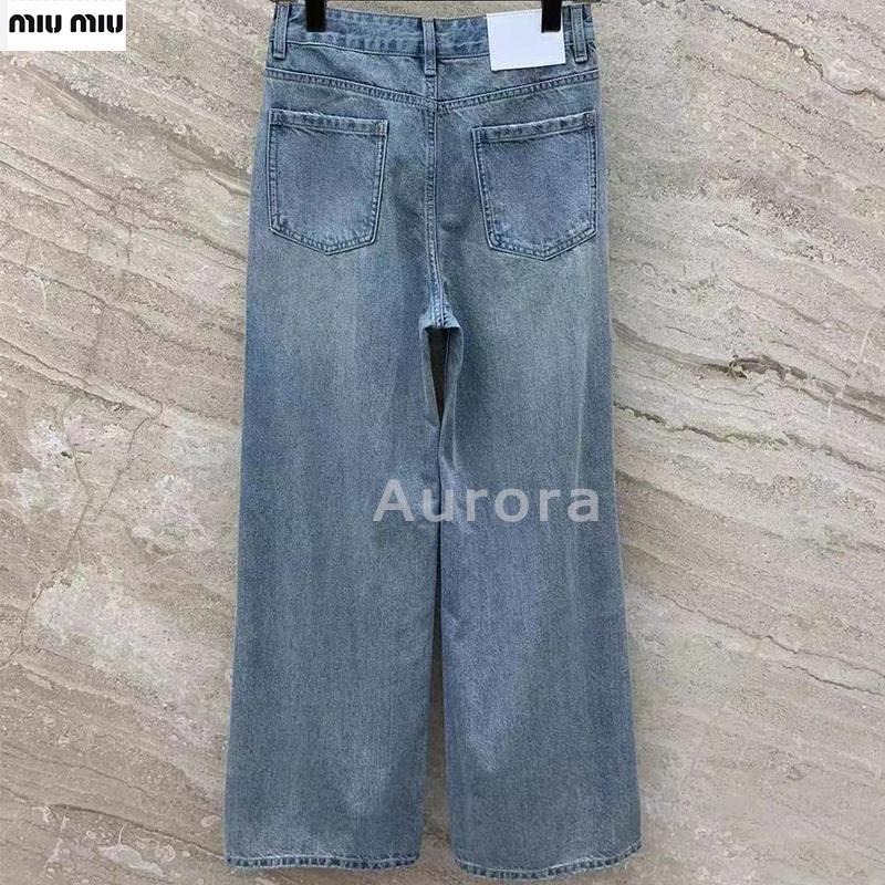 💕Aurora 美國代購💕 MiuMiu 經典 破洞 撞色 燙鉆 假兩件設計 高腰 顯瘦 牛仔 直筒 長褲 闊腿褲-細節圖9