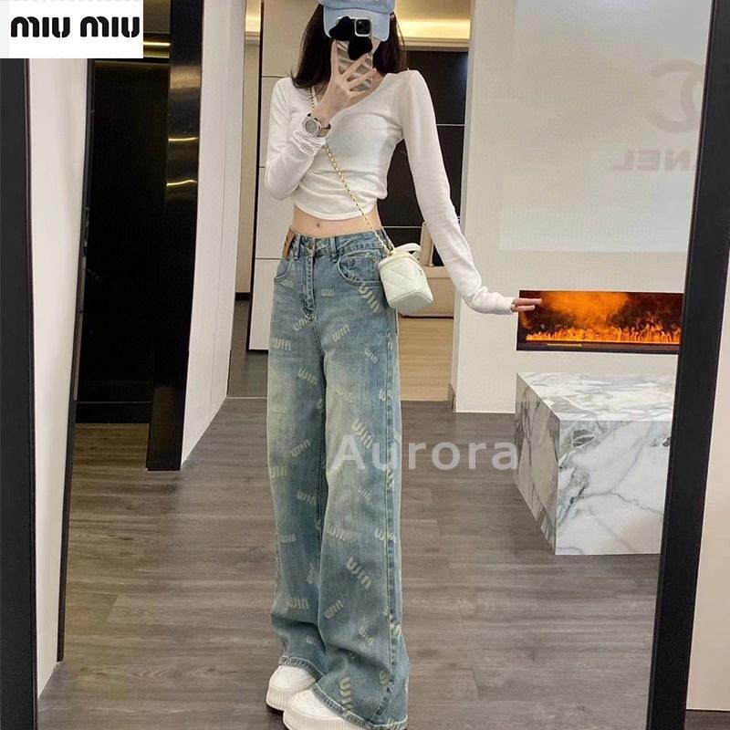 💕Aurora 美國代購💕 MiuMiu 字母 提花 牛仔褲 百搭 復古 高腰 顯瘦 闊腿 休閑褲子-細節圖2