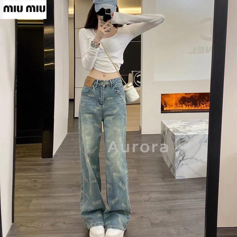 💕Aurora 美國代購💕 MiuMiu 字母 提花 牛仔褲 百搭 復古 高腰 顯瘦 闊腿 休閑褲子-細節圖3