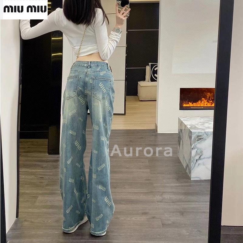 💕Aurora 美國代購💕 MiuMiu 字母 提花 牛仔褲 百搭 復古 高腰 顯瘦 闊腿 休閑褲子-細節圖4