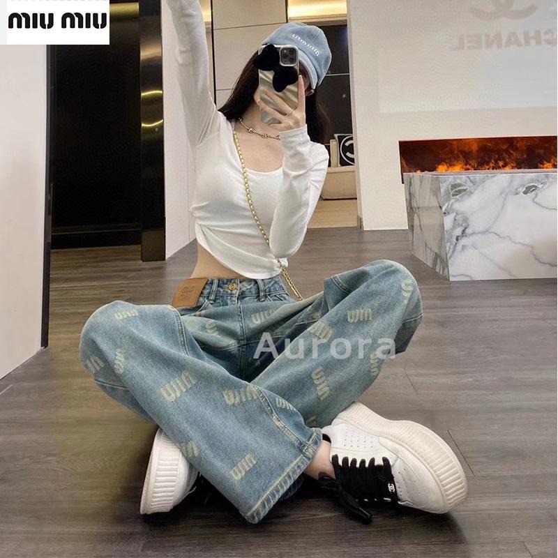 💕Aurora 美國代購💕 MiuMiu 字母 提花 牛仔褲 百搭 復古 高腰 顯瘦 闊腿 休閑褲子-細節圖5