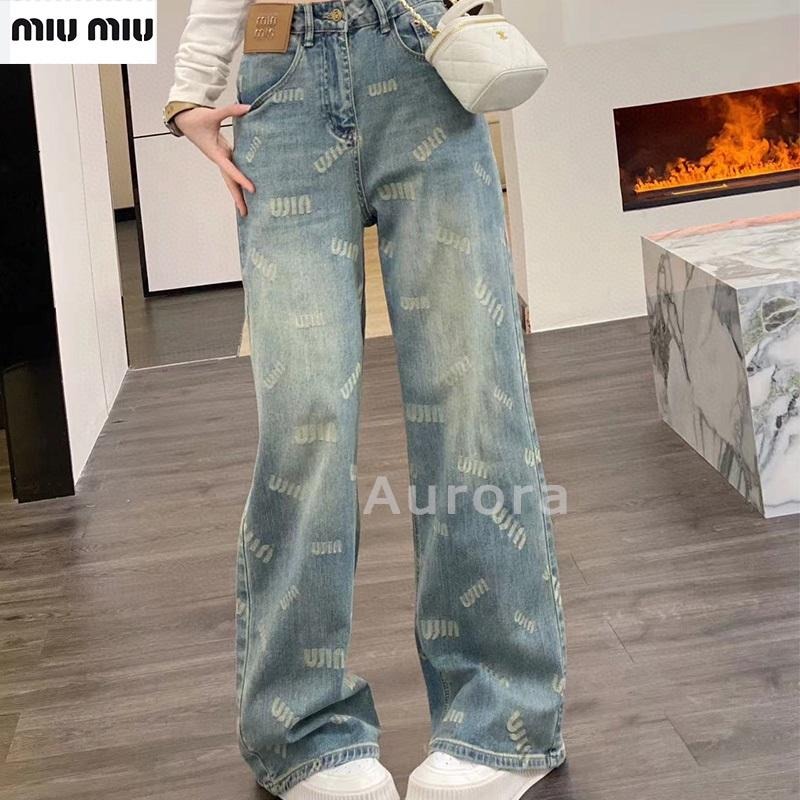 💕Aurora 美國代購💕 MiuMiu 字母 提花 牛仔褲 百搭 復古 高腰 顯瘦 闊腿 休閑褲子-細節圖6