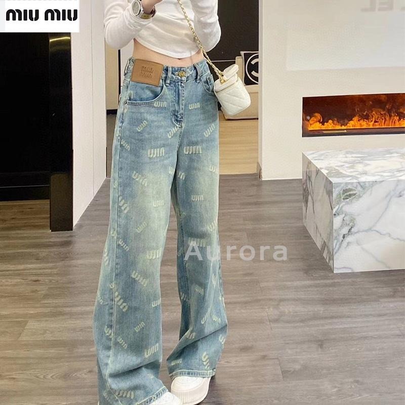 💕Aurora 美國代購💕 MiuMiu 字母 提花 牛仔褲 百搭 復古 高腰 顯瘦 闊腿 休閑褲子-細節圖7