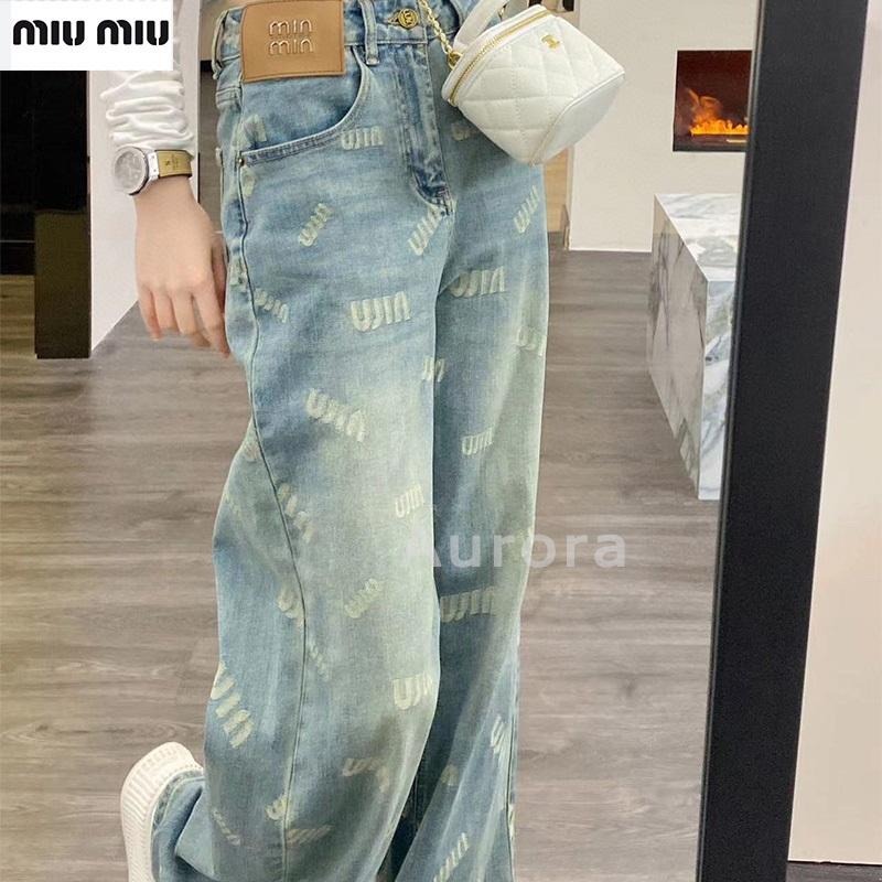 💕Aurora 美國代購💕 MiuMiu 字母 提花 牛仔褲 百搭 復古 高腰 顯瘦 闊腿 休閑褲子-細節圖8