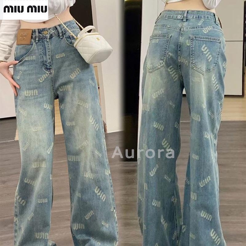 💕Aurora 美國代購💕 MiuMiu 字母 提花 牛仔褲 百搭 復古 高腰 顯瘦 闊腿 休閑褲子-細節圖9