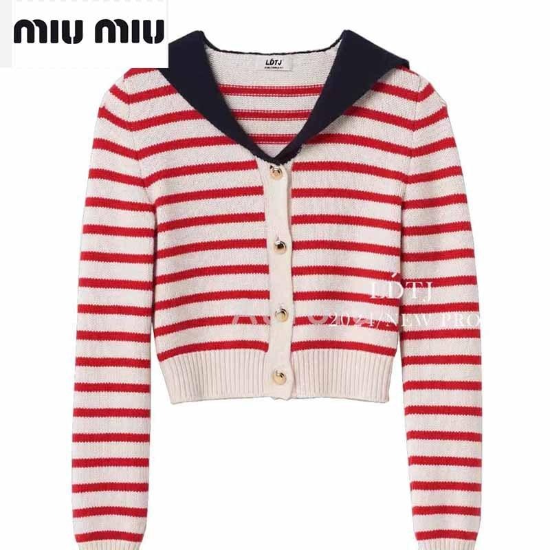 💕Aurora 美國代購💕MIU MIU 新款 法式 復古 條紋 軍領 針織 開衫女 百搭 上衣 學院甜辣少女系-細節圖4