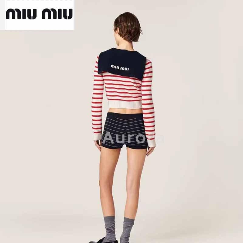 💕Aurora 美國代購💕MIU MIU 新款 法式 復古 條紋 軍領 針織 開衫女 百搭 上衣 學院甜辣少女系-細節圖5
