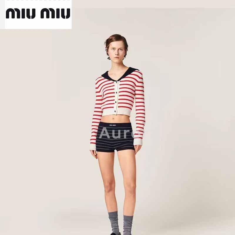 💕Aurora 美國代購💕MIU MIU 新款 法式 復古 條紋 軍領 針織 開衫女 百搭 上衣 學院甜辣少女系-細節圖7