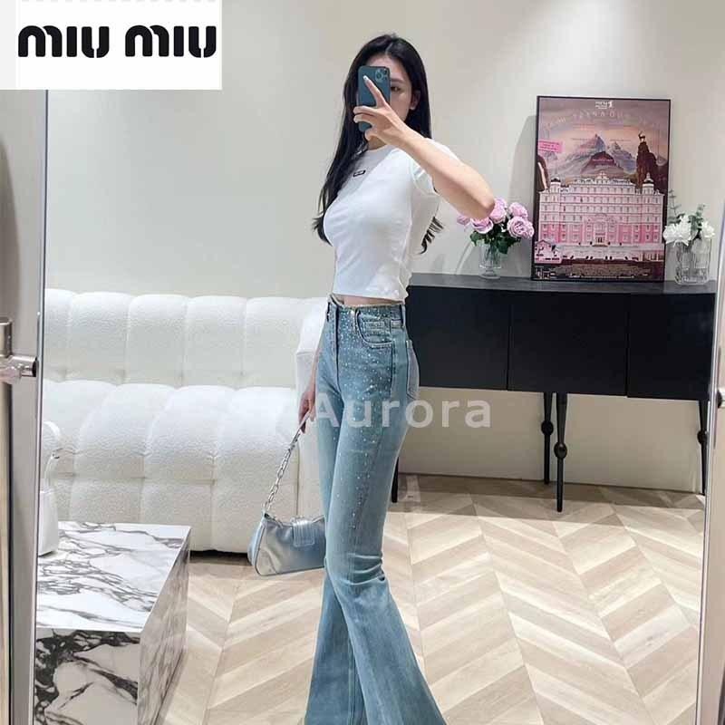 💕Aurora 美國代購💕 MiuMiu 新款 腰部燙鑽微喇叭牛仔褲 修身 舒適 復古 百搭顯瘦-細節圖3