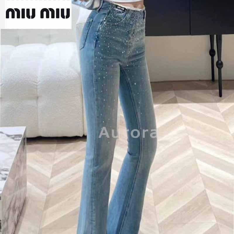 💕Aurora 美國代購💕 MiuMiu 新款 腰部燙鑽微喇叭牛仔褲 修身 舒適 復古 百搭顯瘦-細節圖5
