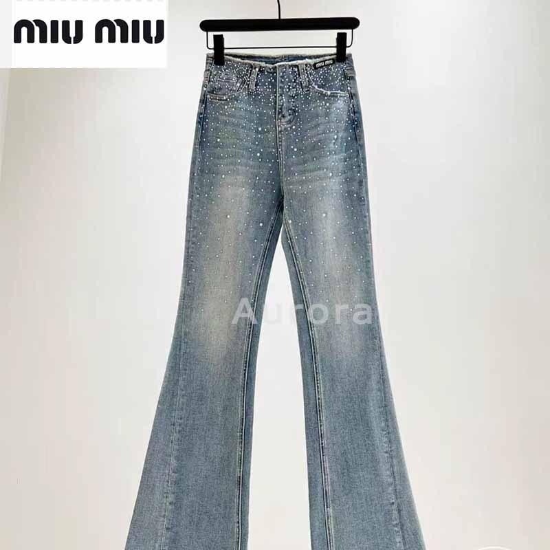 💕Aurora 美國代購💕 MiuMiu 新款 腰部燙鑽微喇叭牛仔褲 修身 舒適 復古 百搭顯瘦-細節圖7